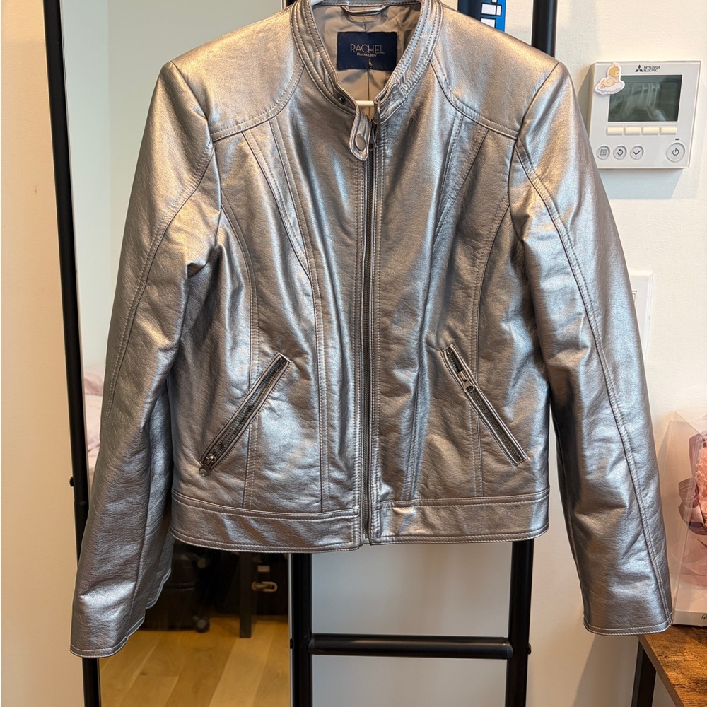 Rachel Silver Metallic Zip-Front Leather Jacket